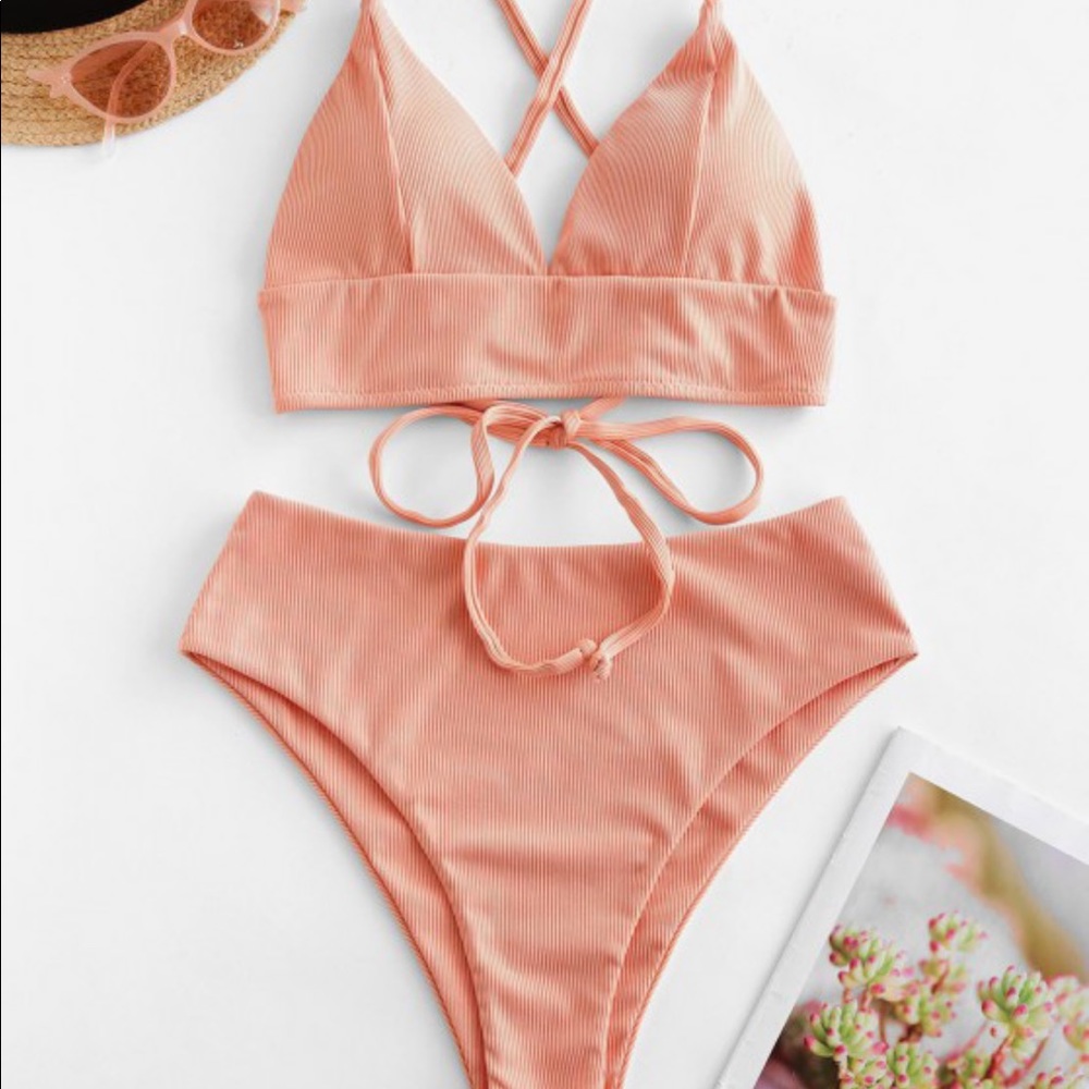 Ribbed Cross Lace Up Bight Cut Bandeau Bikini Set